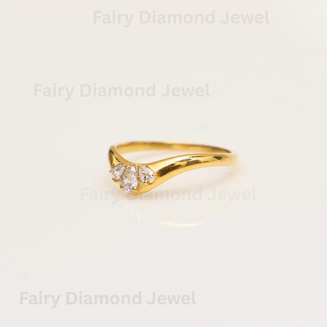 Pear Cut Moissanite Chevron Wedding Band, 14K Yellow Gold Trilogy Stacking Engagement Curved Ring