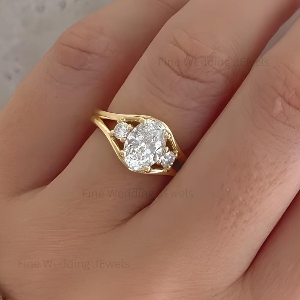 1.5Ct Oval Moissanite Trilogy Split Shank Ring: Unique 14k Gold Art Deco Wedding Engagement Promise Ring for Women