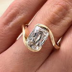 Load image into Gallery viewer, Criss Cut Moissanite Engagement Ring: 14k Yellow Gold Bypass Solitaire

