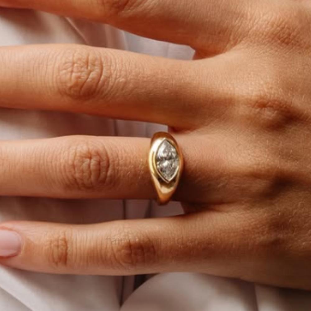 Marquise Moissanite Signet Ring: 14k Gold Domed Wedding Band