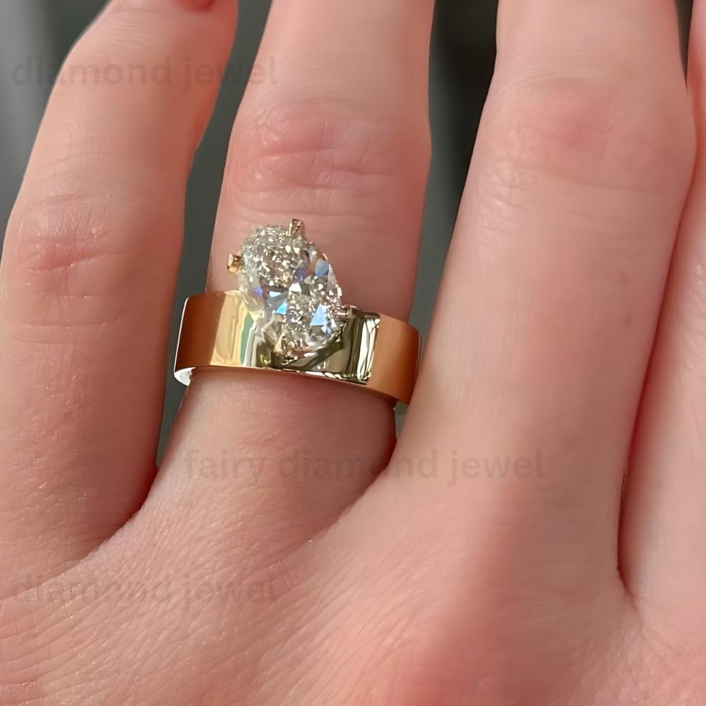 Oval Cut Moissanite Wedding Wide Band, Unique 14K Yellow Solid Gold 4 Prongs Set 6MM Engagement Stacking Promise Ring for Women