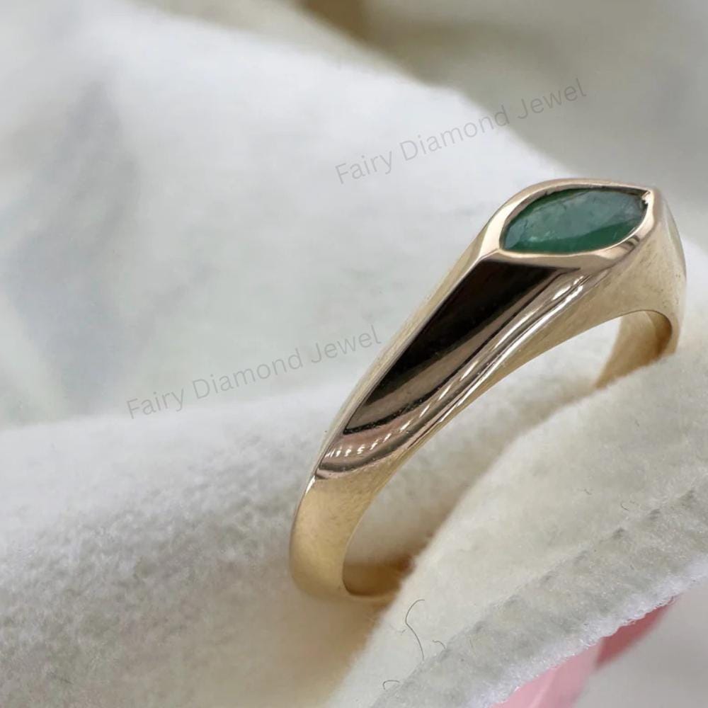 Marquise Emerald Signet Ring, Bezel Set 14K Gold Solitaire Band