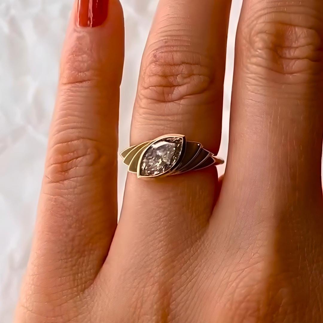 Marquise Moissanite Signet Ring: 14K Yellow Gold Bezel Band