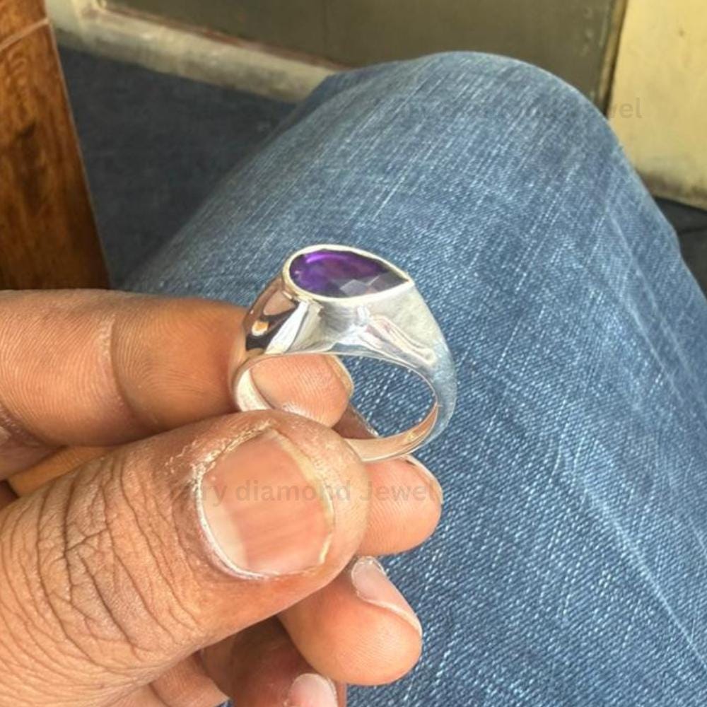 Pear Amethyst Signet Ring, Art Deco Sterling Silver, 14K White Gold Band