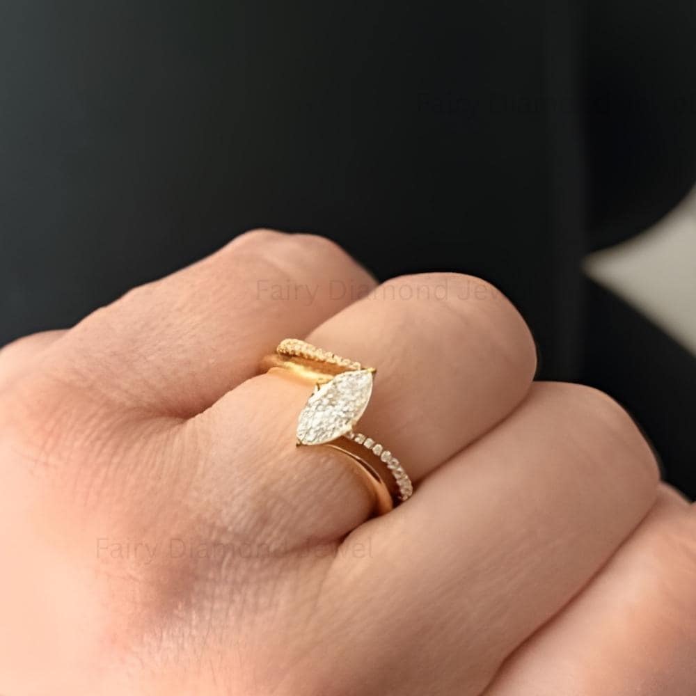 East West Marquise Moissanite Diamond Ring Set, 14K Yellow Gold Bypass Wedding Anniversary Ring