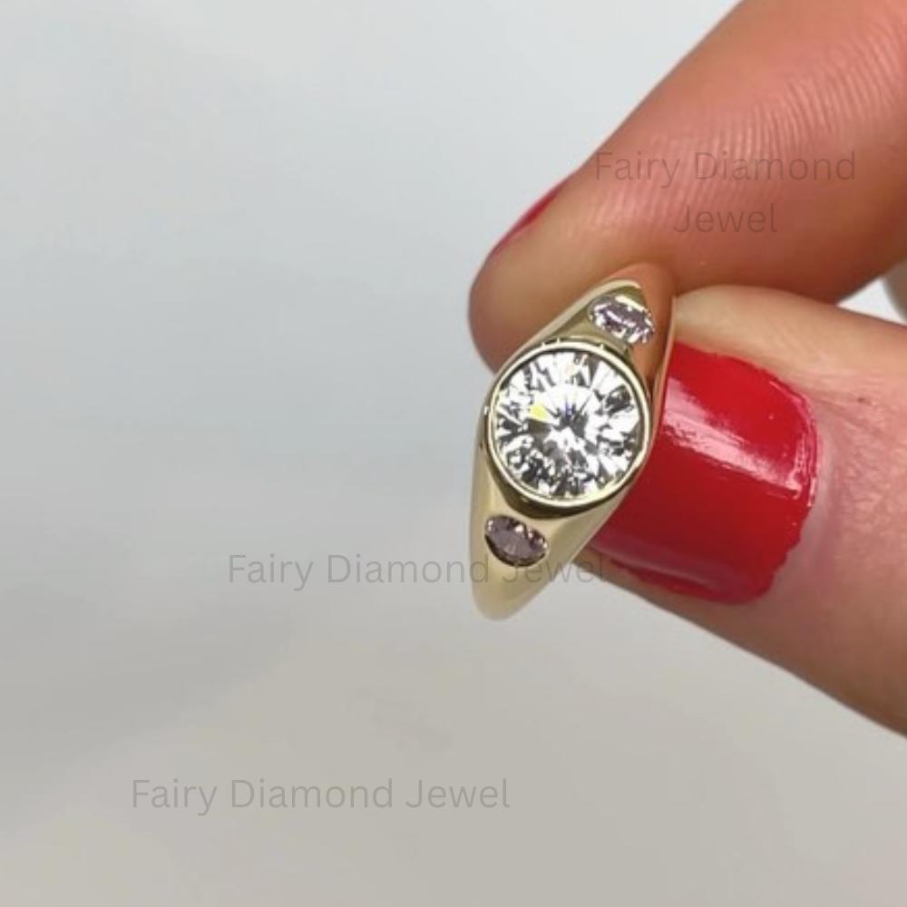Round Cut Moissanite Signet Wedding Ring: 14K Gold Round Accent Engagement Stacking Promise Solitaire Ring for Women