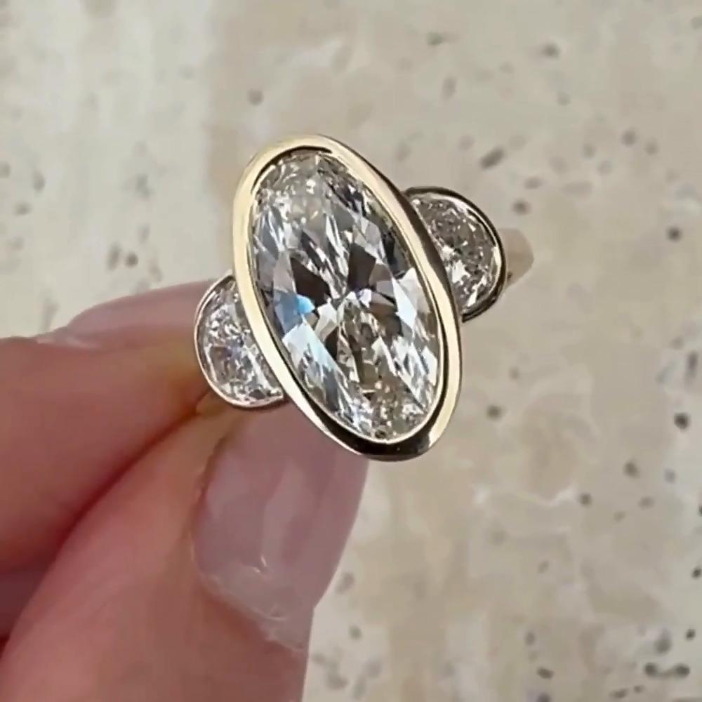 Antique Oval Moissanite Three Stone Ring: 14K Yellow Gold Bezel Wedding Band