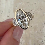 Load image into Gallery viewer, Antique Oval Moissanite Three Stone Ring: 14K Yellow Gold Bezel Wedding Band
