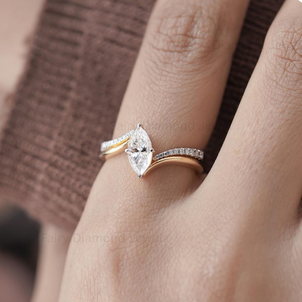 East West Marquise Moissanite Diamond Ring Set, 14K Yellow Gold Bypass Wedding Anniversary Ring