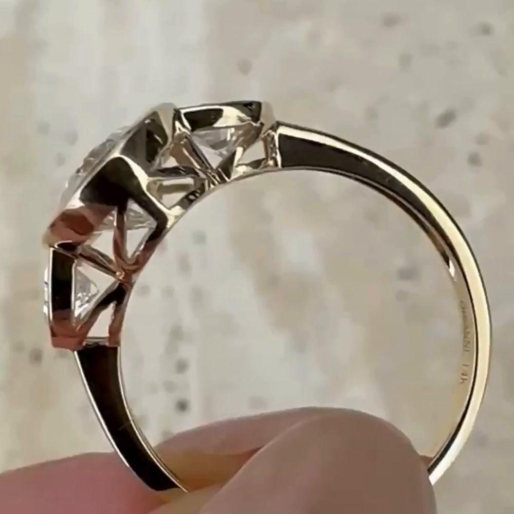 Antique Oval Moissanite Three Stone Ring: 14K Yellow Gold Bezel Wedding Band