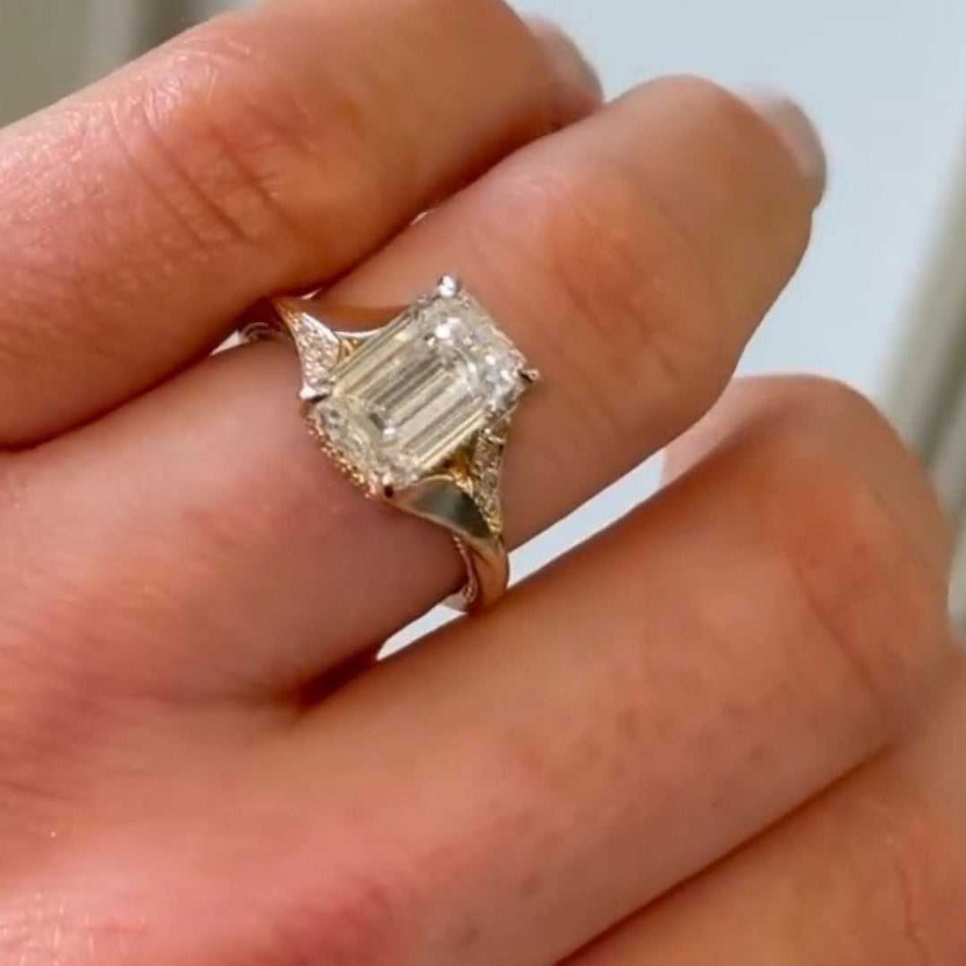Emerald Cut Moissanite Wedding Solitaire Ring: Diamond Halo, 14K Split Shank Gold Engagement Ring