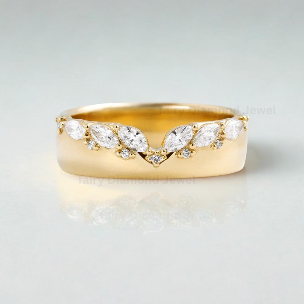 Marquise Moissanite Wedding Curved Wide Band: 14k Gold Diamond Chevron Stacking Engagement Ring