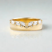 Marquise Moissanite Wedding Curved Wide Band: 14k Gold Diamond Chevron Stacking Engagement Ring