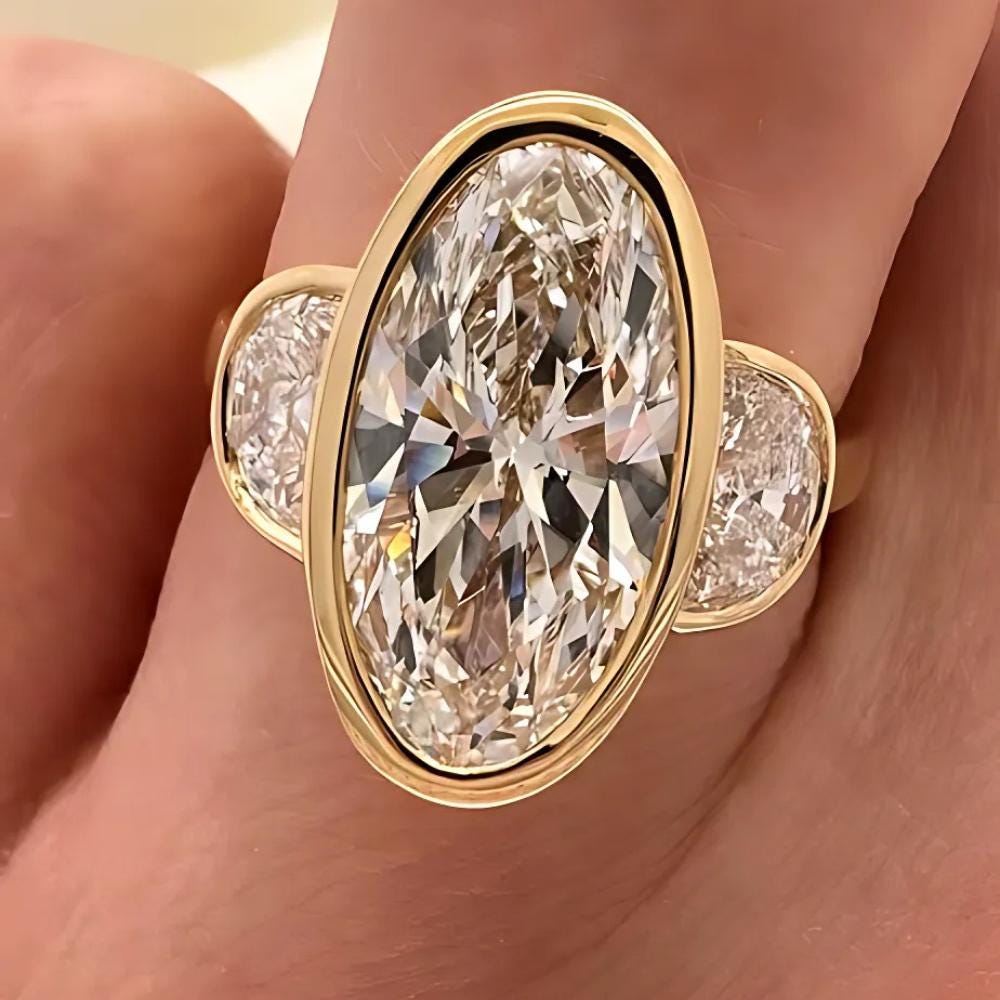 Antique Oval Moissanite Three Stone Ring: 14K Yellow Gold Bezel Wedding Band