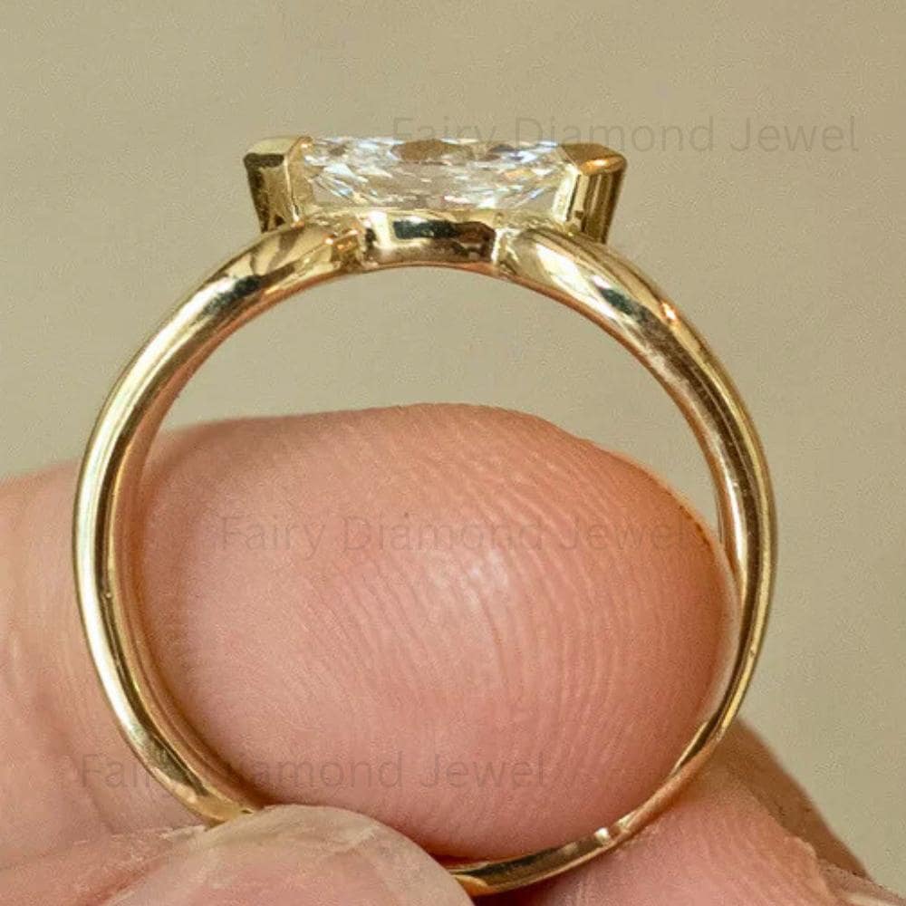 East West Marquise Moissanite Bypass Ring: 14K Yellow Gold Double Band Engagement Promise