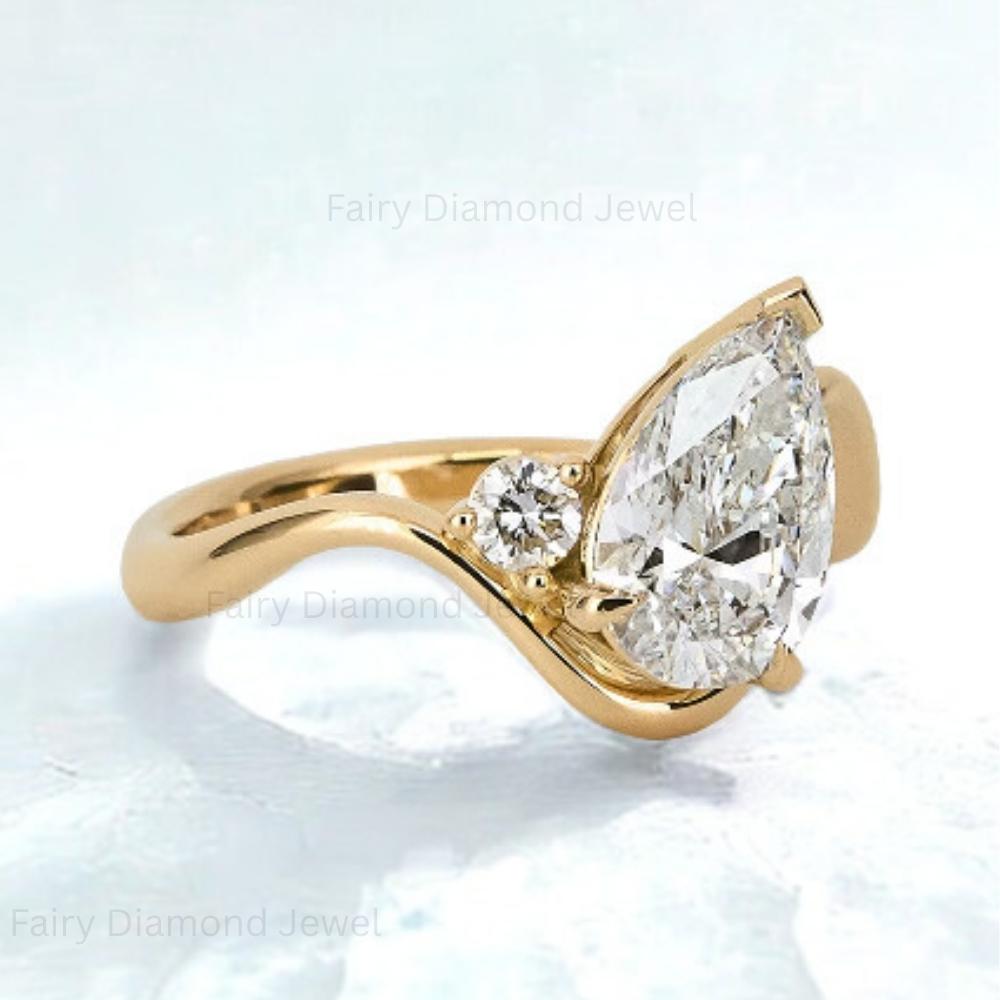 East West Pear Moissanite Ring Set, 14k Gold Pave Bridal Ring