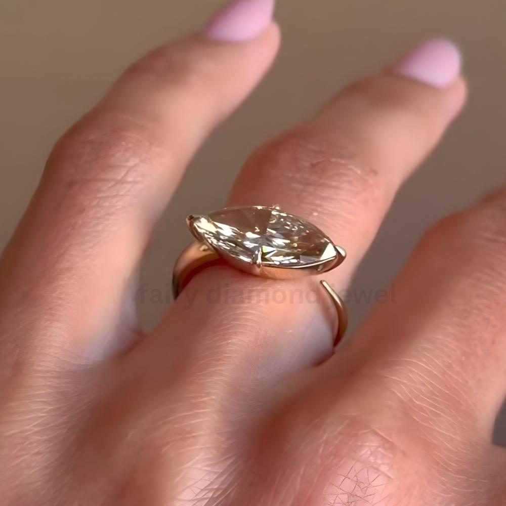 Champagne Marquise Moissanite Ring: 14k Gold East West Engagement Band