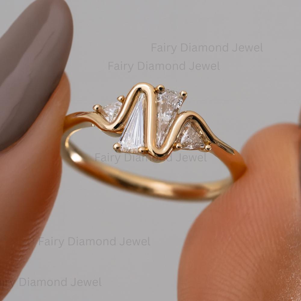Trillion Moissanite Heartbeat Ring: 14k Yellow Gold Diamond Engagement Ring