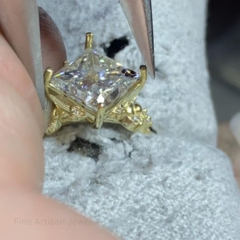 Princess Cut Moissanite Bridal Ring Set: 14K Gold Wedding Band