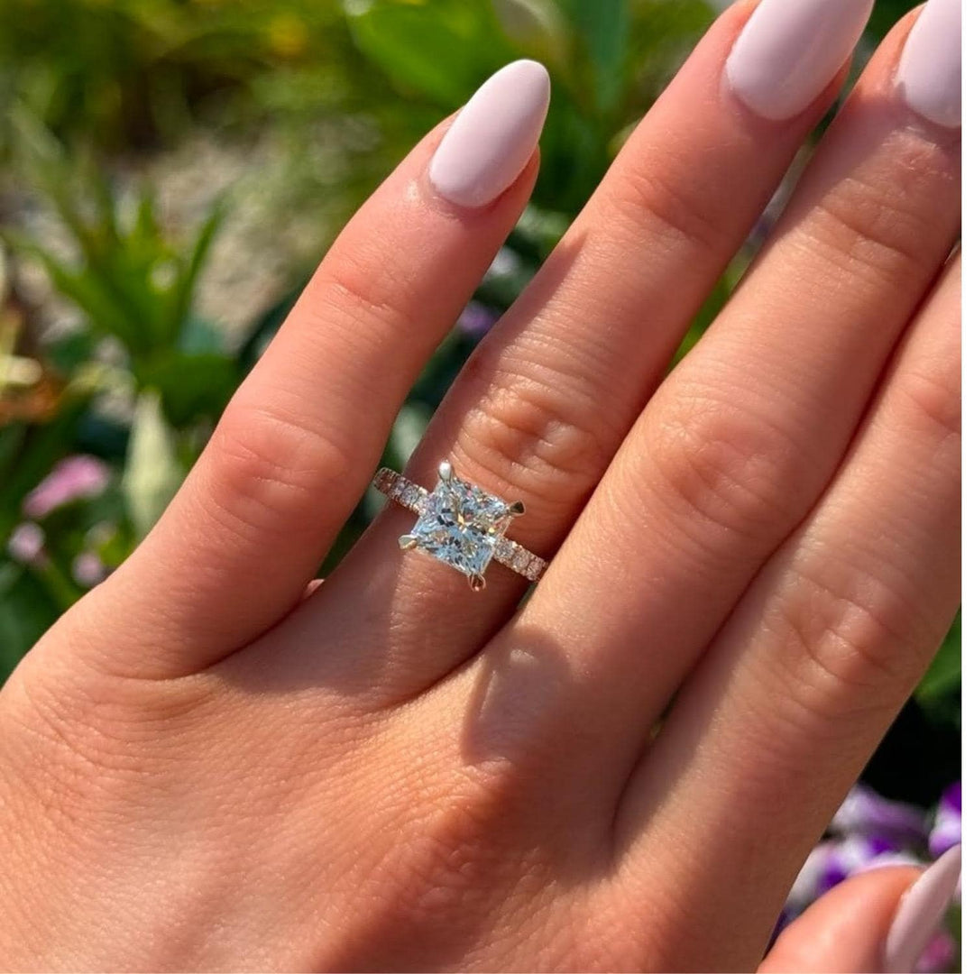 Princess Cut Moissanite Engagement Ring: 10K Rose Gold Solitaire with Diamond Prongs