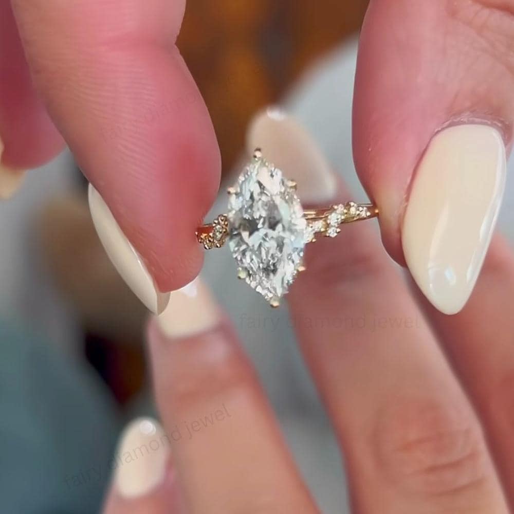 Marquise Moissanite Engagement Ring Set: Art Deco 14K Gold Curved Bridal Wedding Band Set