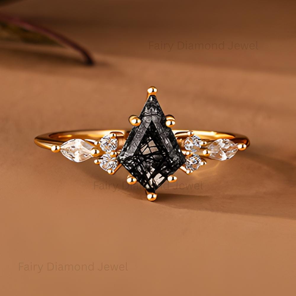 Kite Cut Black Rutilated Quartz Engagement Ring: Art Deco 14K Gold Moissanite Wedding Band