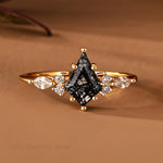 Load image into Gallery viewer, Kite Cut Black Rutilated Quartz Engagement Ring: Art Deco 14K Gold Moissanite Wedding Band
