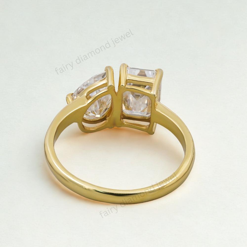 Moissanite Toi et Moi Ring: Pear & Emerald Cut, 14K Yellow Gold
