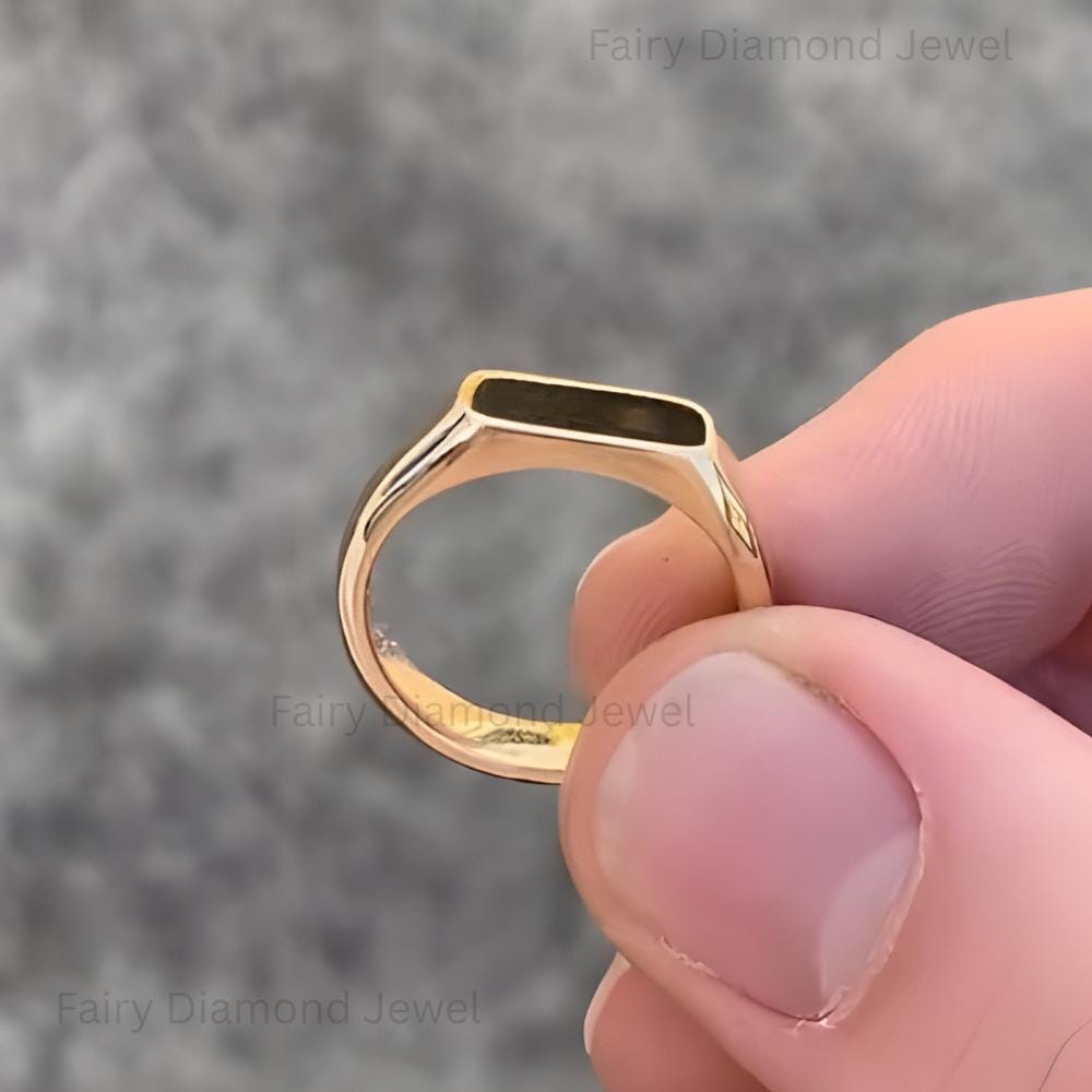14K Gold Rectangular Signet Ring, Blue Enamel Pinky Band, Minimalist Jewelry