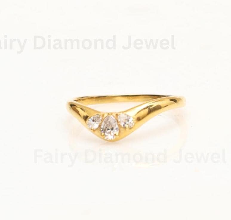 Pear Cut Moissanite Chevron Wedding Band, 14K Yellow Gold Trilogy Stacking Engagement Curved Ring