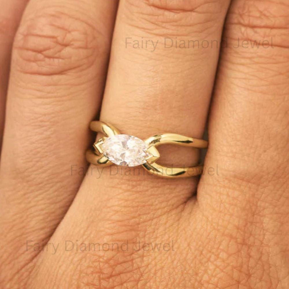 East West Marquise Moissanite Bypass Ring: 14K Yellow Gold Double Band Engagement Promise