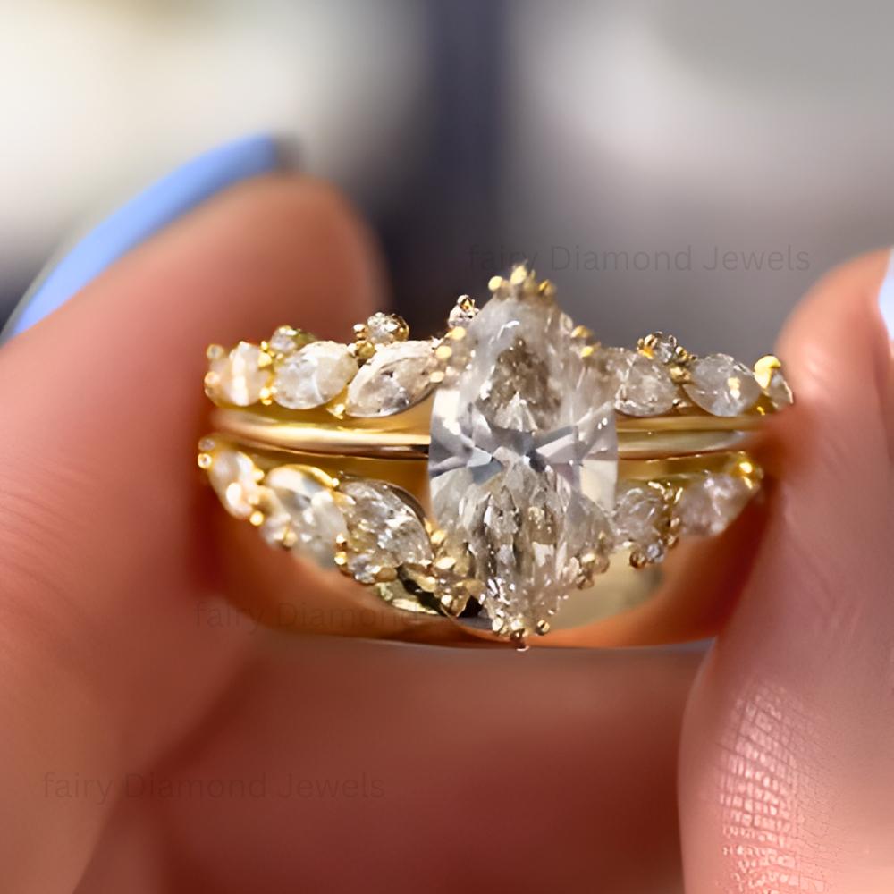 Marquise Moissanite Wedding Ring Set of 3: 14K Gold Lab Grown Diamond Curved Wide Solitaire Engagement Promise Ring
