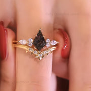 Kite Cut Black Rutilated Quartz Fairy Ring Set: Art Deco 14K Gold, Moissanite