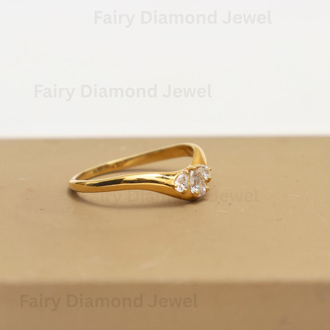 Pear Cut Moissanite Chevron Wedding Band, 14K Yellow Gold Trilogy Stacking Engagement Curved Ring
