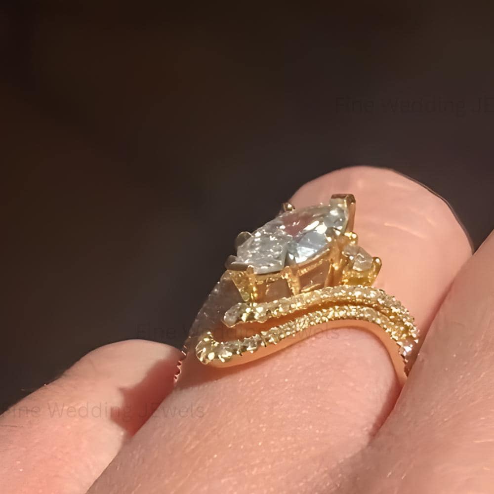 14k Gold East West Marquise Diamond Engagement Ring Set, Pave Wedding Band