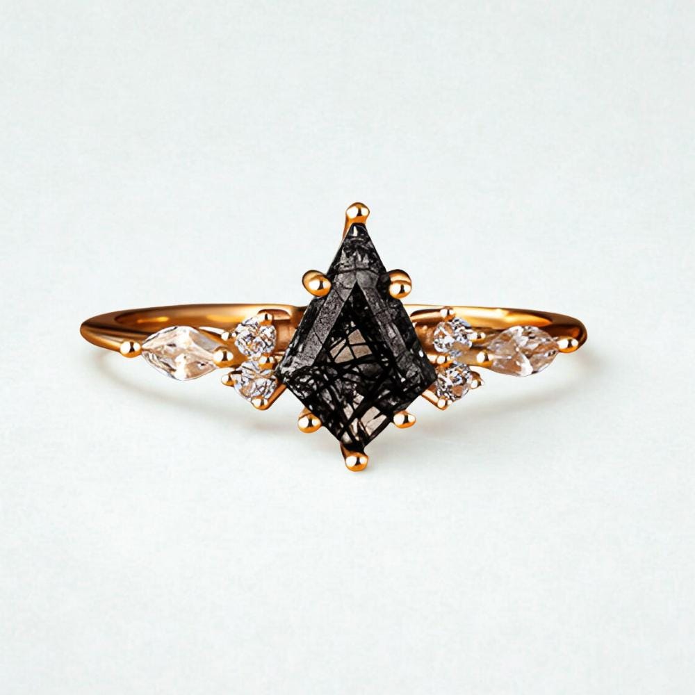 Kite Cut Black Rutilated Quartz Engagement Ring: Art Deco 14K Gold Moissanite Wedding Band