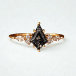 Load image into Gallery viewer, Kite Cut Black Rutilated Quartz Engagement Ring: Art Deco 14K Gold Moissanite Wedding Band
