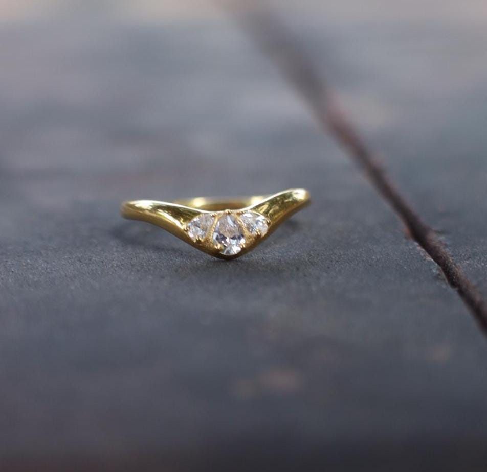 Pear Cut Moissanite Chevron Wedding Band, 14K Yellow Gold Trilogy Stacking Engagement Curved Ring