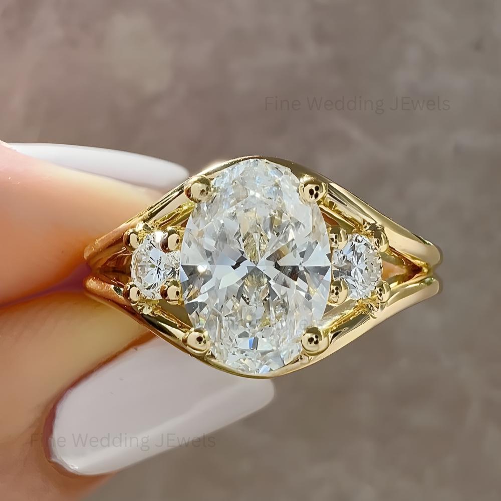 1.5Ct Oval Moissanite Trilogy Split Shank Ring: Unique 14k Gold Art Deco Wedding Engagement Promise Ring for Women