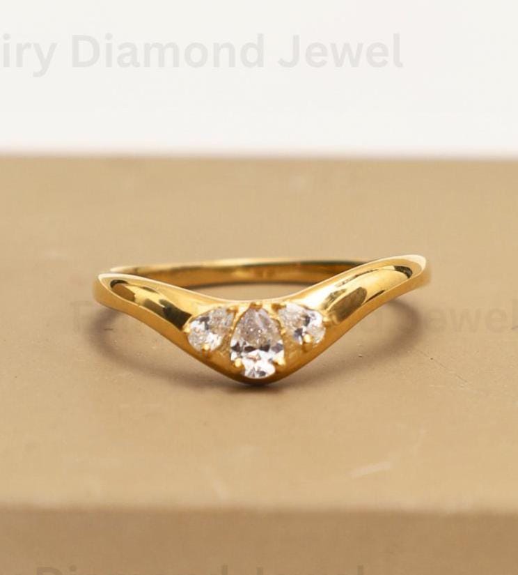 Pear Cut Moissanite Chevron Wedding Band, 14K Yellow Gold Trilogy Stacking Engagement Curved Ring
