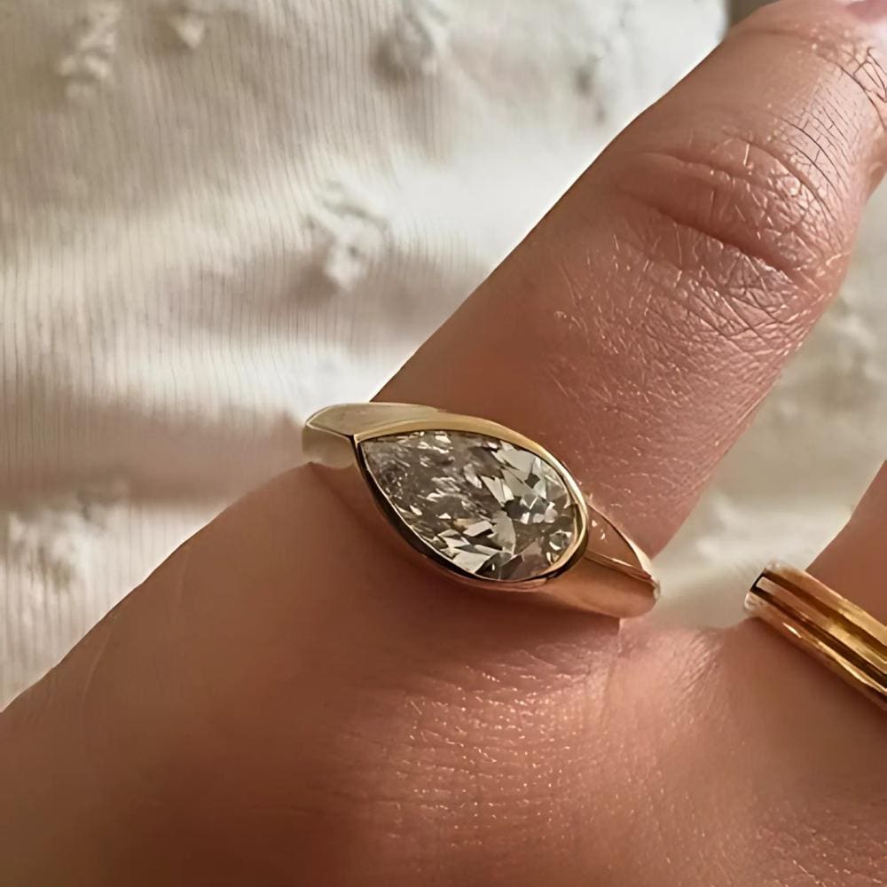 2 Carat East West Pear Moissanite Engagement Ring, Bezel Set 14K Solid Gold Wedding Solitaire Band, Chunky Thick Bridal Engagement Ring