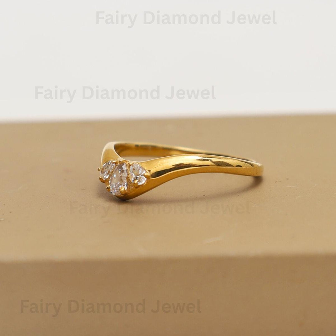 Pear Cut Moissanite Chevron Wedding Band, 14K Yellow Gold Trilogy Stacking Engagement Curved Ring
