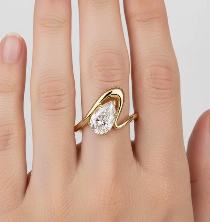 Pear Cut Moissanite Wavy Wedding Ring, Unique Boho 14k Solid Yellow Gold Teardrop Engagement Promise Band