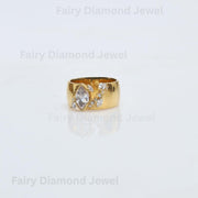 Marquise Cut Moissanite Gold Fractured Cigar Band, 14K Yellow Gold Engagement Wedding Round Cut Stacking Band, Thick Unique Cigar Band