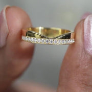 Lab Grown Diamond Pave Cigar Wedding Band, Unique Minimalist V Shaped Round Diamond Chevron Curved  Stacking Thick Wide Engagement Ring