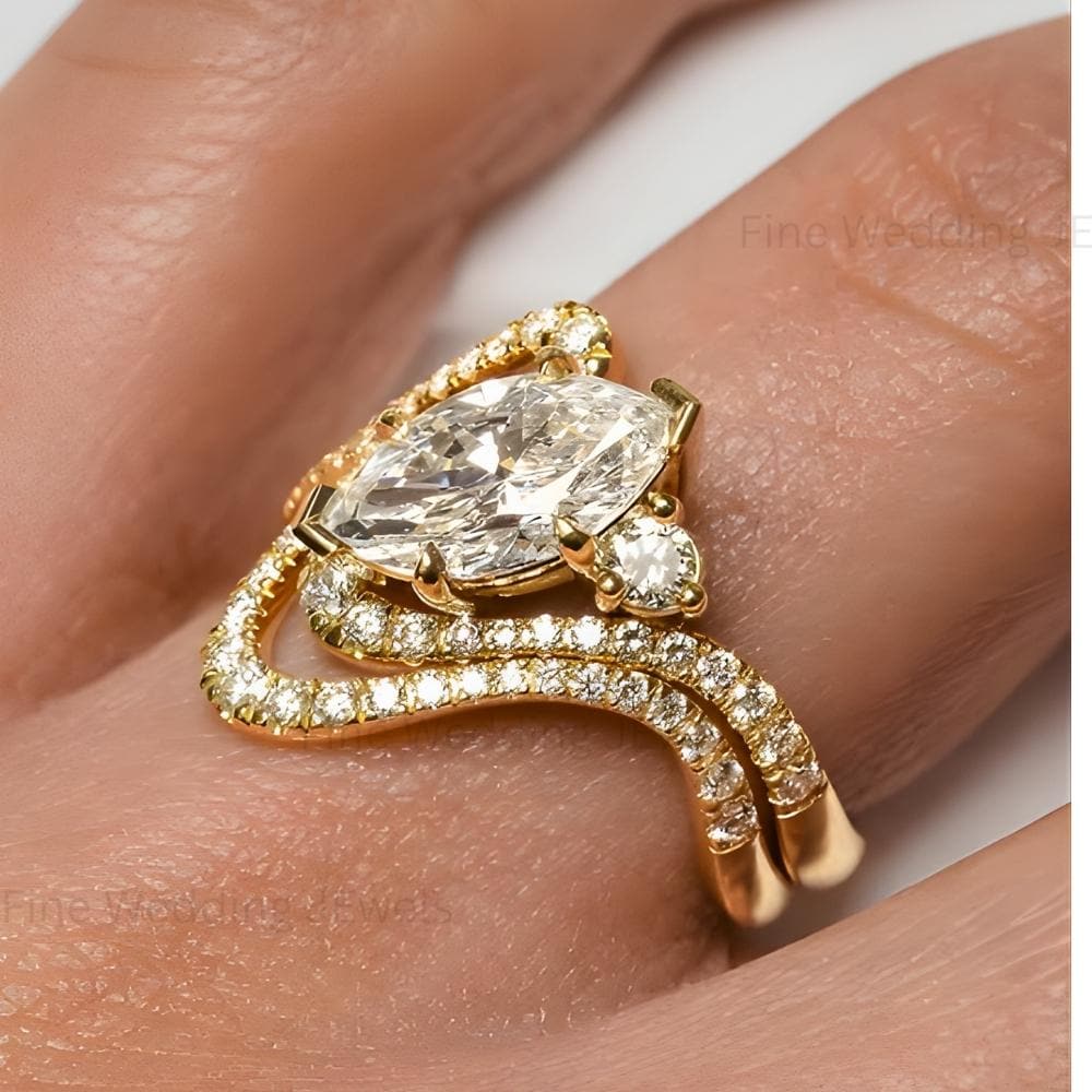 14k Gold East West Marquise Diamond Engagement Ring Set, Pave Wedding Band