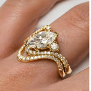 14k Gold East West Marquise Diamond Engagement Ring Set, Pave Wedding Band