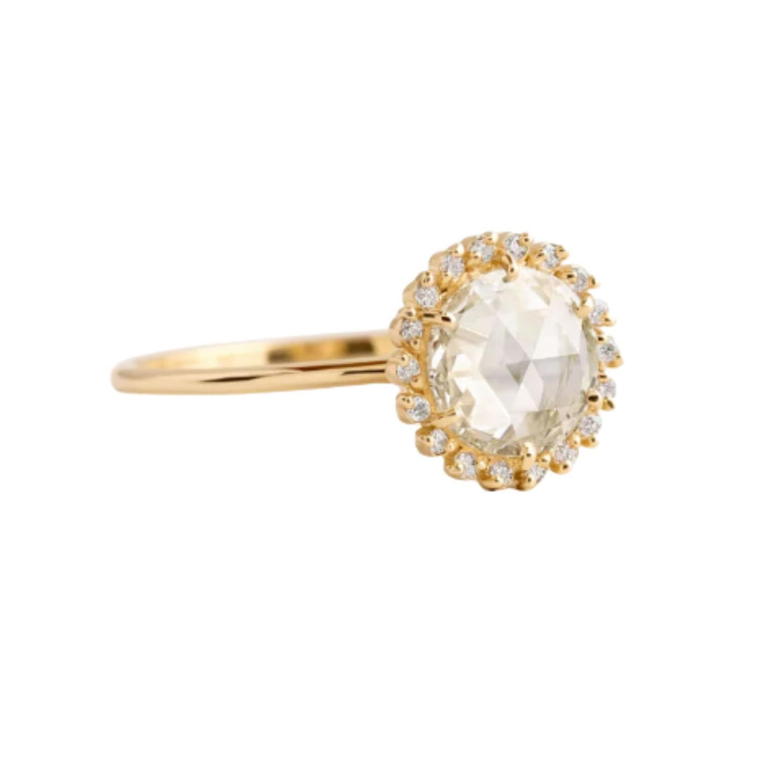 Rose Cut Moissanite Engagement Ring: 14K Gold Halo, Anniversary Ring