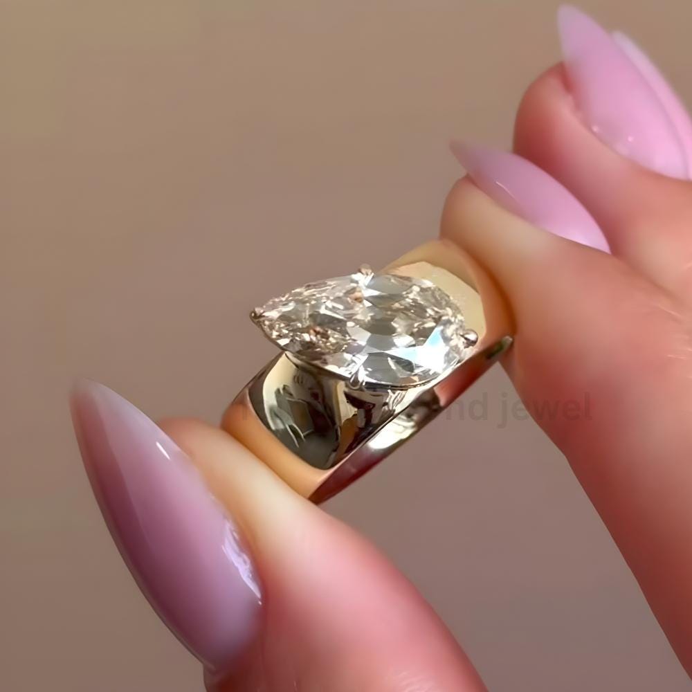 Pear Cut Moissanite Wedding Ring, 14K Yellow Gold 8mm Wide Teardrop Diamond Engagement Band