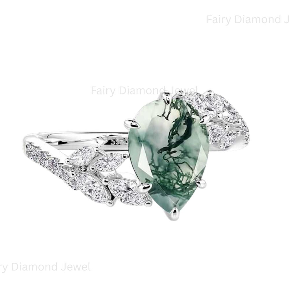 Pear Moss Agate Engagement Ring: Leaf 14K White Gold Bridal Band
